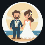Dreamy Beach Wedding Sticker Runt Klistermärke<br><div class="desc">Tecknadens klistermärke av en brud och groom på stranden vid solnedgången,  perfekt för bröllop-dekorering och personalisering.</div>
