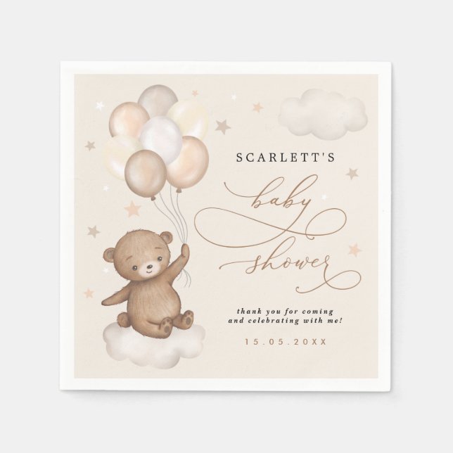 Dreamy Bear & Balloons Pastel Brown Baby Shower Pappersservett (Framsidan)