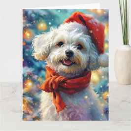 Dreamy Bichon Frisé Puppy i Santa Hat och Scarf Kort
