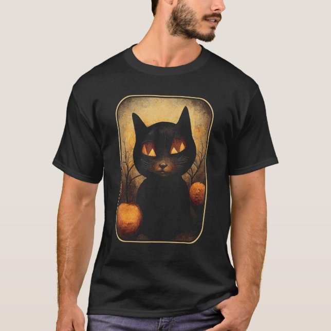 Dreamy Black Cat in Magic Pumpkin Forest T Shirt (Framsida)