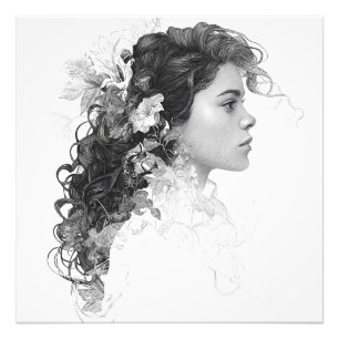Dreamy Black White Blommigt Hair Porträtt Fototryck