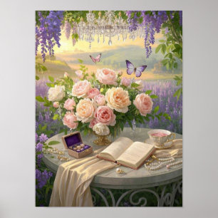 Dreamy Blommigt fristad, blått gyllene timsljus Poster