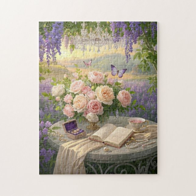 Dreamy Blommigt fristad, blått gyllene timsljus Pussel (Vertikal)