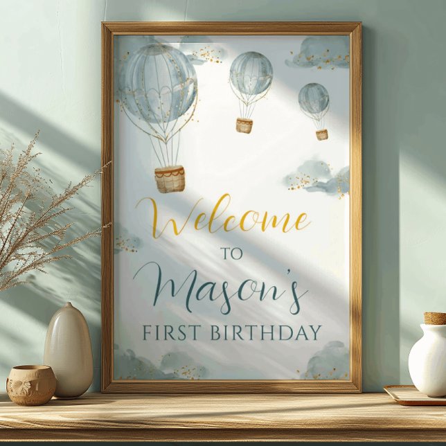 Dreamy Blue Balloon First Birthday Boy Glitter Poster (Skapare uppladdad)