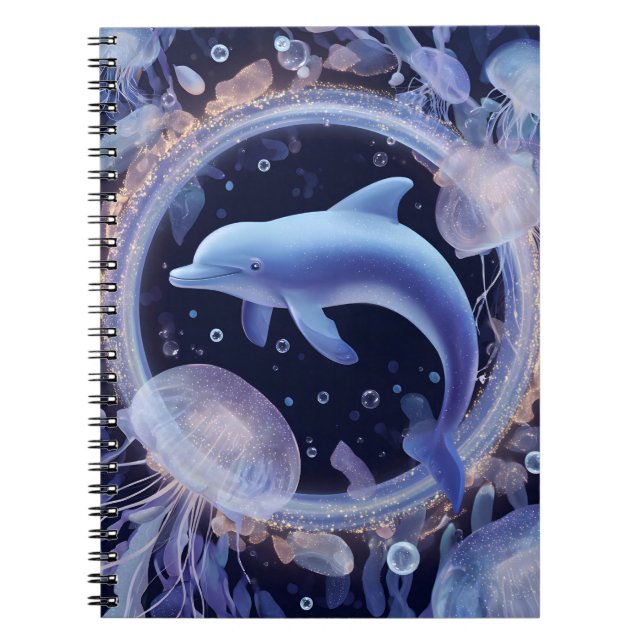 Dreamy Blue Dolphin och Jellyfish Ring Art Anteckningsbok (Framsidan)