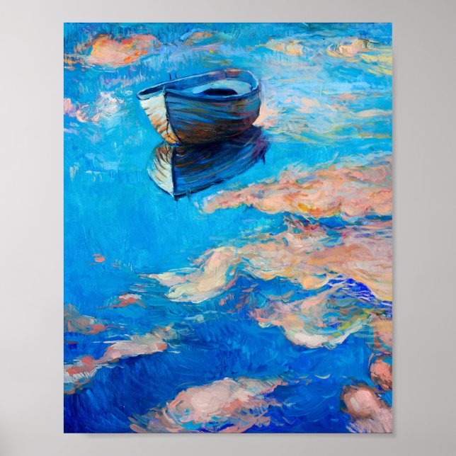 Dreamy Blue Impressionistic Boat Reflection Poster (Framsidan)