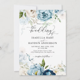 Dreamy Blue Navy Blommigt all in 1 QR Code Bröllop Inbjudningar