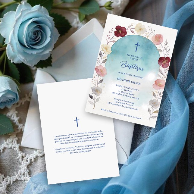 Dreamy Blue Shades Floral Frame Arch Baptisme Inbjudningar (Dreamy Digital Watercolor Blue Shades Floral Frame Arch Shape Baptism Invitation Cards. )