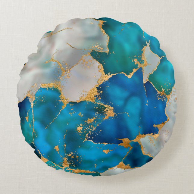 Dreamy Blue, Teal, pearl and Gold Rund Kudde (Framsidan)