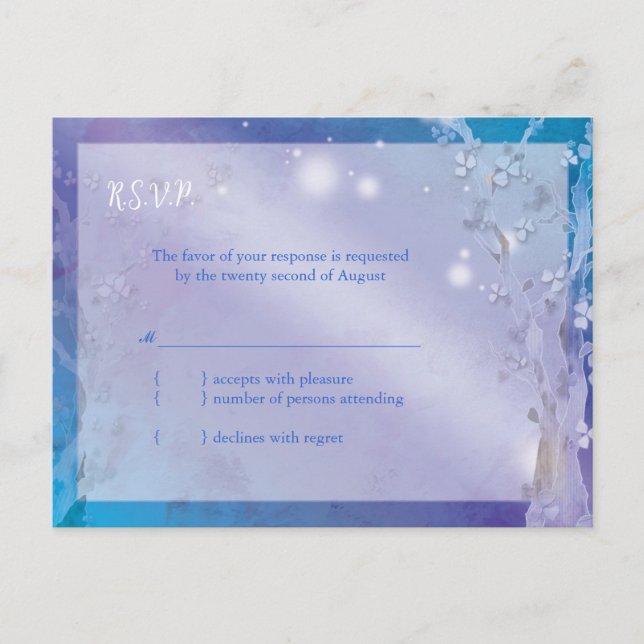 Dreamy Blue Träd Bröllop OSA Inbjudan Vykort (Framsida)