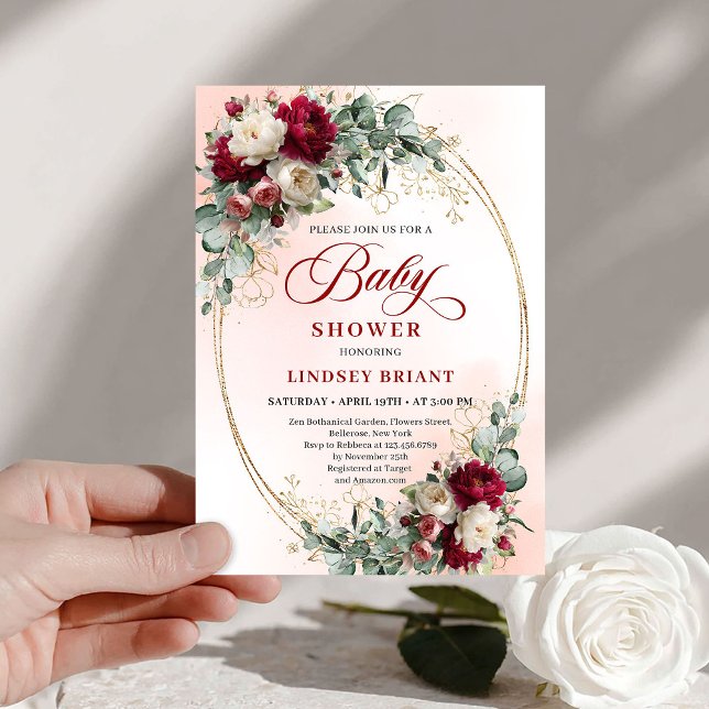 Dreamy Bohemian Maroon Floral Baby Shower Inbjudningar (Dreamy Bohemian Maroon Floral Baby Shower)