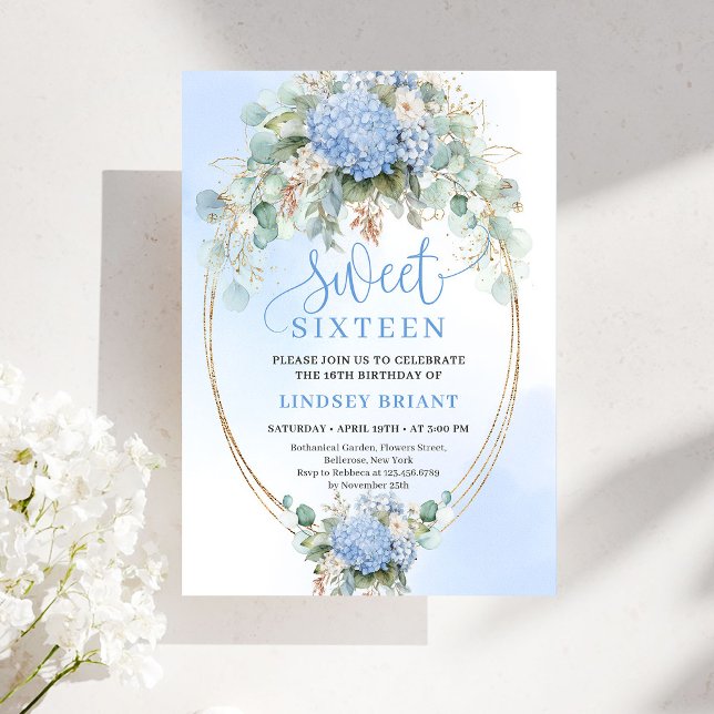 Dreamy Boho Blue Hydrangea Gold Sweet Sixteen Inbjudningar (Dreamy Boho Blue Hydrangea Gold Sweet Sixteen)
