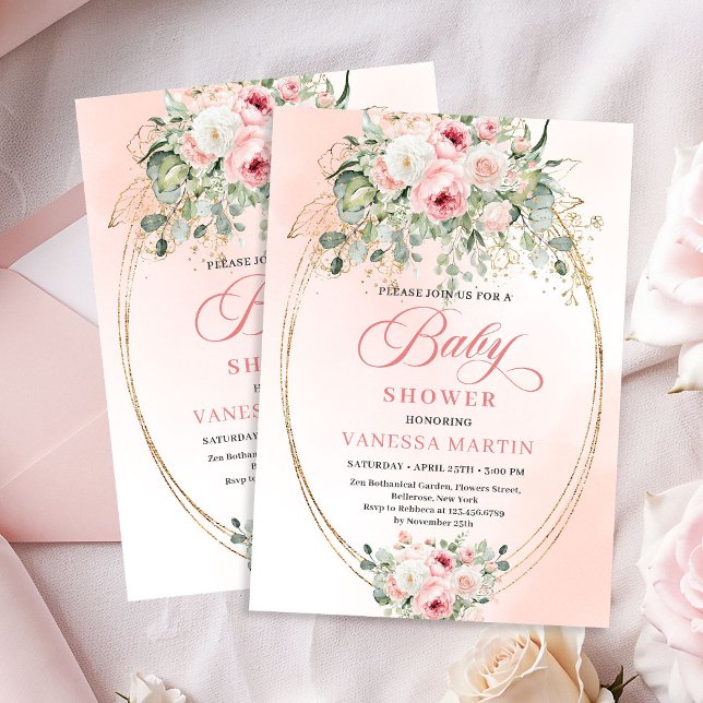 Dreamy Boho Blush Roses Eucalyptus Baby Shower   Inbjudningar (Dreamy Boho Blush Roses Eucalyptus Baby Shower Invite)