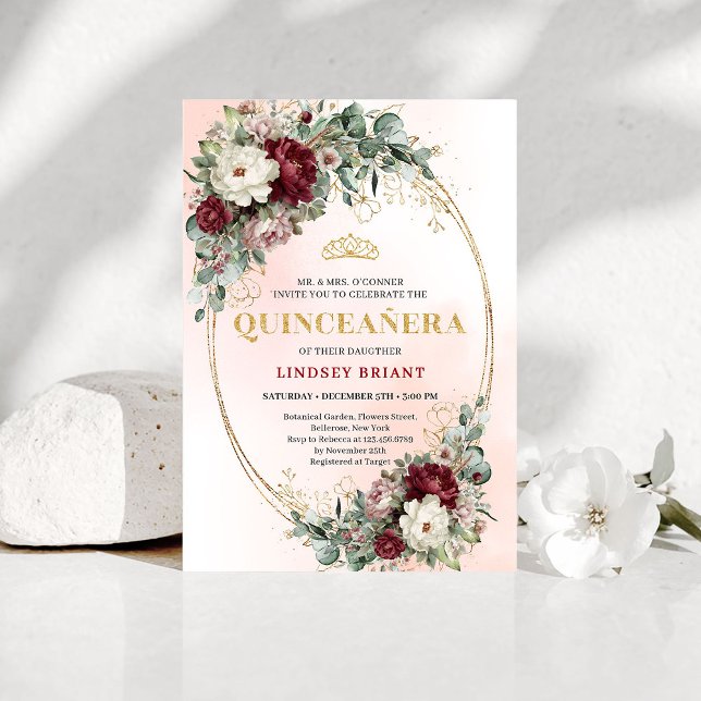 Dreamy Boho Burgundy Floral Eucalyptus Gold Quince Inbjudningar (Dreamy Boho Burgundy Floral Eucalyptus Quince Invite)