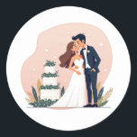 Dreamy Bröllop Par Sticker Runt Klistermärke<br><div class="desc">Tecknad-dekal med en brud och groom som är omfamnad framför en bröllop-kaka med lager,  perfekt för romantisk dekoration.</div>