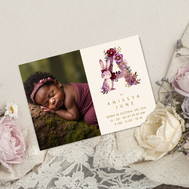 Dreamy Bunny A Initial Burgundy Glitter Newborn Meddelande (Dreamy Funny Bunny Romantic Floral A Initial in Burgundy & Gold Glitter Effect for Newborn Photo.)