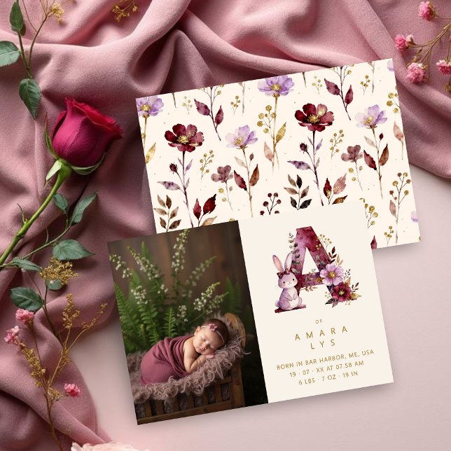 Dreamy Bunny A Initial Gold Glitter Newborn Meddelande (Dreamy Funny Bunny Romantic Floral A Initial in Burgundy & Gold Glitter Effect for Newborn Photo.)
