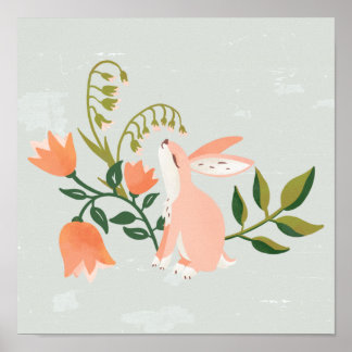 "Dreamy Bunny" Cute Rosa Rabbit Blommigt Art Poster