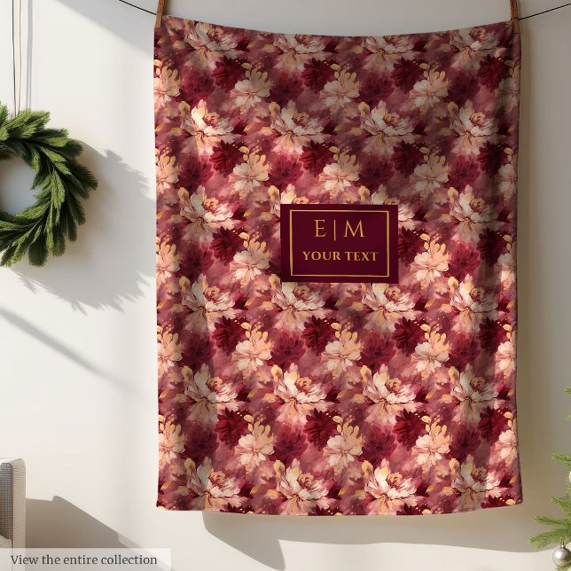 Dreamy  Burgundy Guld Personlig Blommigt Fleecefilt (Dreamy Blush Burgundy Gold Personalized Floral Fleece Blanket )