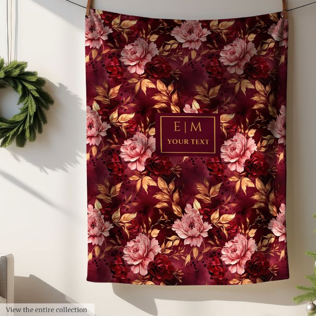 Dreamy  Burgundy Guld Personlig Blommigt Fleecefilt (Dreamy Blush Burgundy Gold Personalized Floral Fleece Blanket )
