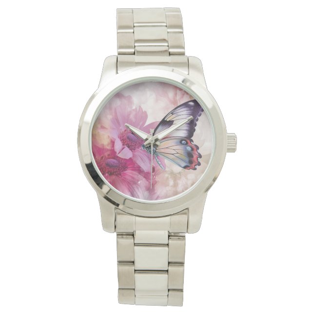 Dreamy Butterfly med Rosa Flowers Armbandsur (Framsida)