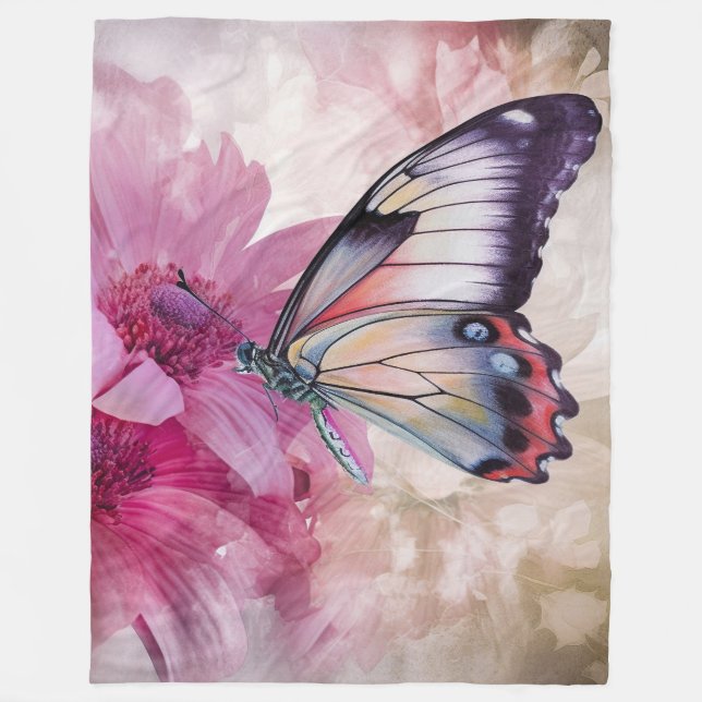 Dreamy Butterfly med Rosa Flowers Fleecefilt (Framsidan)