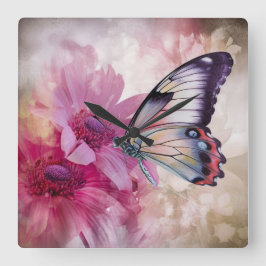 Dreamy Butterfly med Rosa Flowers Fyrkantig Klocka