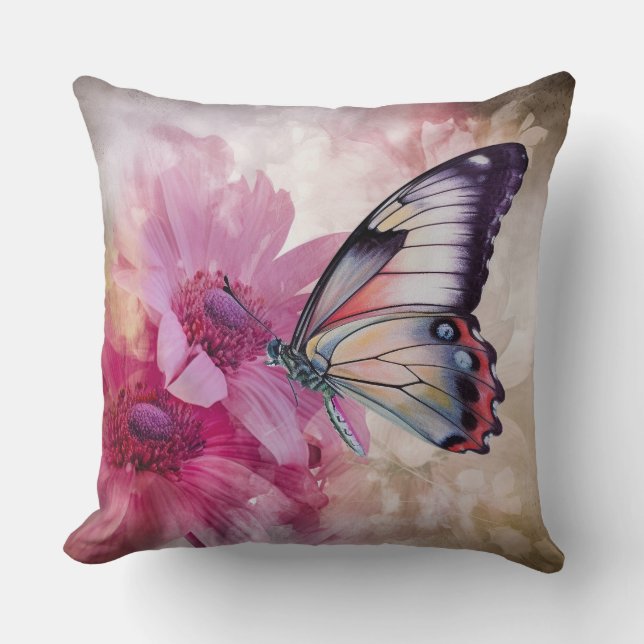 Dreamy Butterfly med Rosa Flowers Kudde (Framsida)