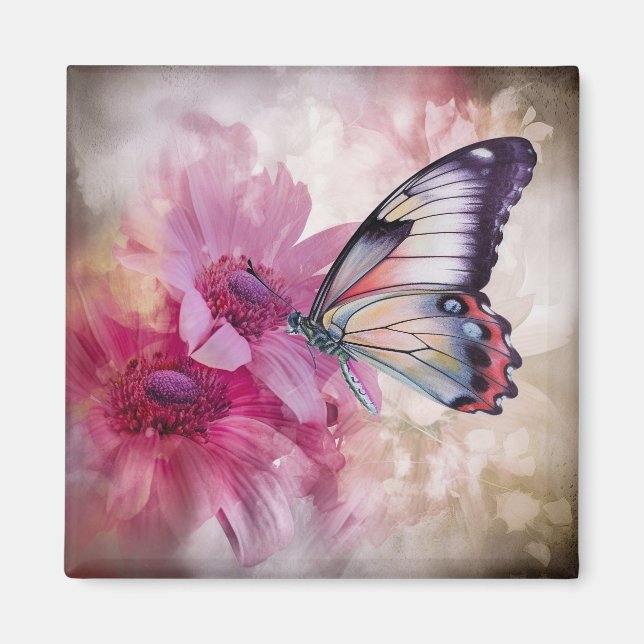 Dreamy Butterfly med Rosa Flowers Magnet (Framsidan)