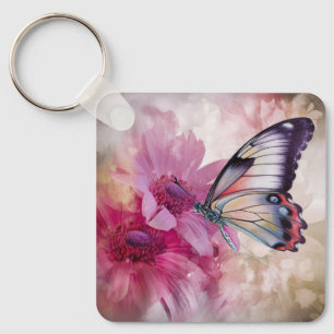 Dreamy Butterfly med Rosa Flowers Nyckelring