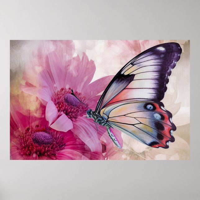 Dreamy Butterfly med Rosa Flowers Poster (Framsidan)