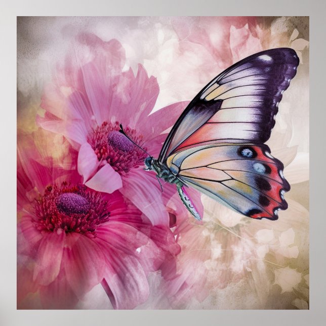 Dreamy Butterfly med Rosa Flowers Poster (Framsidan)