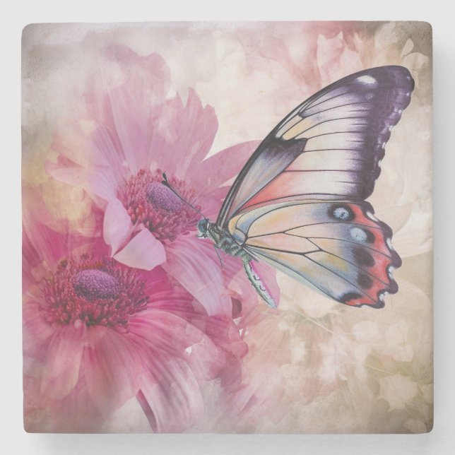 Dreamy Butterfly med Rosa Flowers Stenunderlägg (Framsidan)