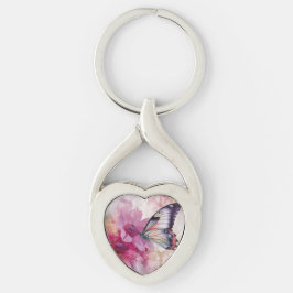 Dreamy Butterfly med Rosa Flowers Twisted Heart Silverfärgad Nyckelring