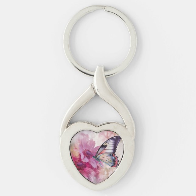 Dreamy Butterfly med Rosa Flowers Twisted Heart Silverfärgad Nyckelring (Framsidan)