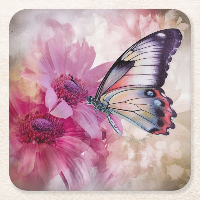 Dreamy Butterfly med Rosa Flowers Underlägg Papper Kvadrat (Framsidan)