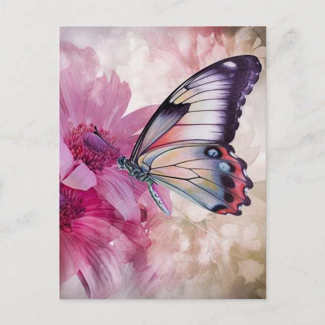 Dreamy Butterfly med Rosa Flowers Vykort (Framsida)
