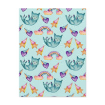 Dreamy Cat Flyter i Himlar Watercolor Mönster