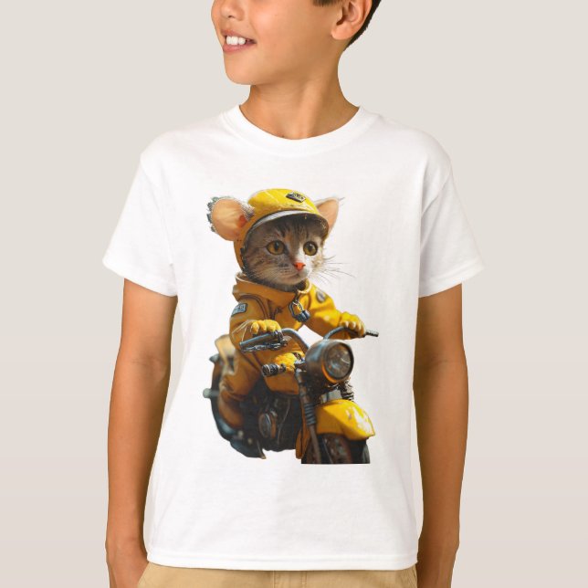 Dreamy Cat Riding a Bike T-Shirt (Framsida)