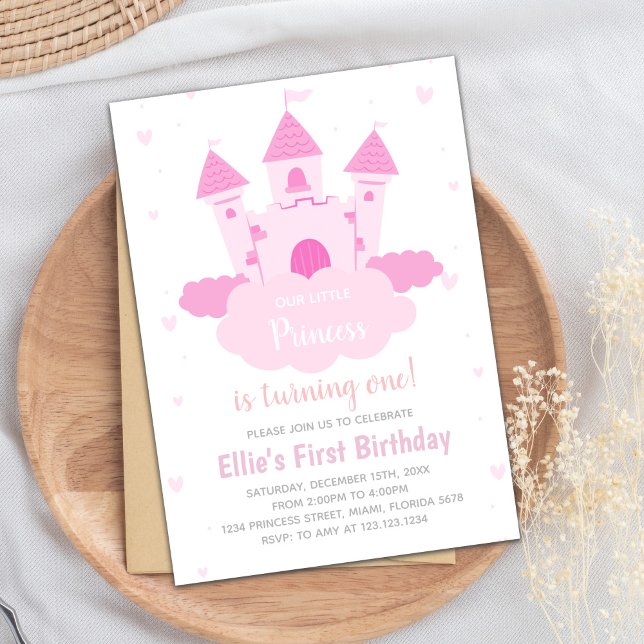 Dreamy Cloud Fairy Tale Party Card Inbjudningar (Pink Castle under Cloud Princess Birthday Invitation)