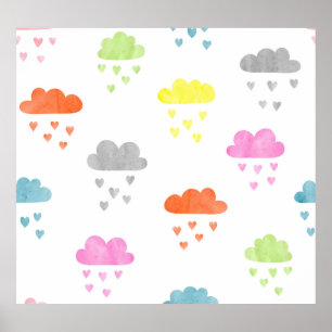 Dreamy Clouds: Vattenfärgshjärtregn Poster
