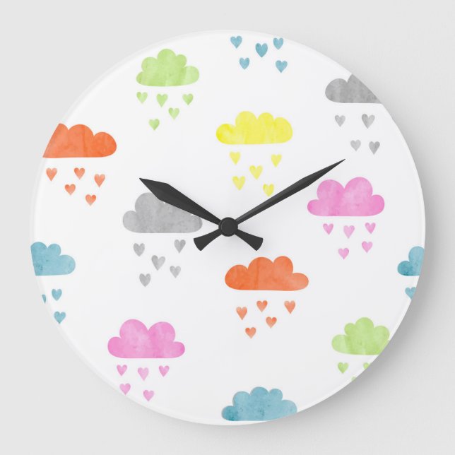 Dreamy Clouds: Vattenfärgshjärtregn Stor Klocka (Framsida)