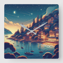 Dreamy Coastal Night Fyrkantig Klocka