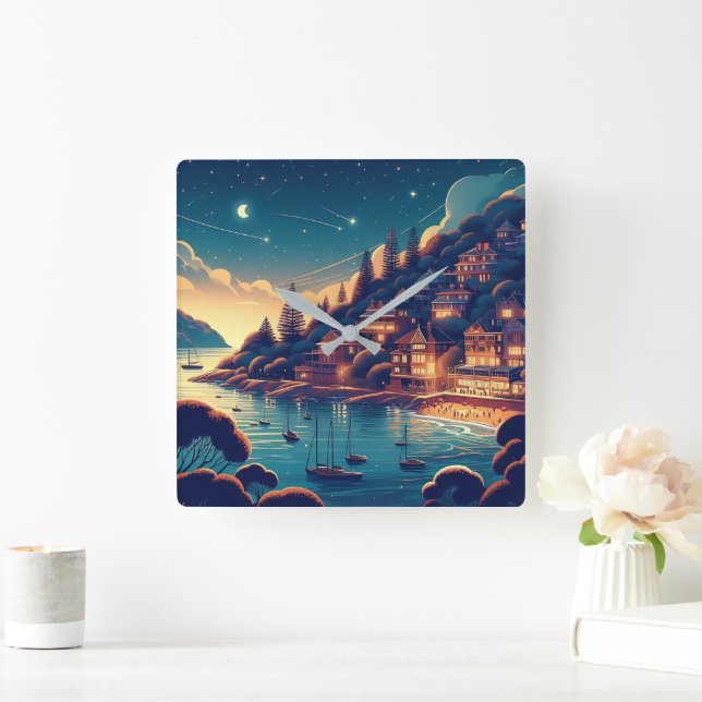 Dreamy Coastal Night Fyrkantig Klocka (Hem)