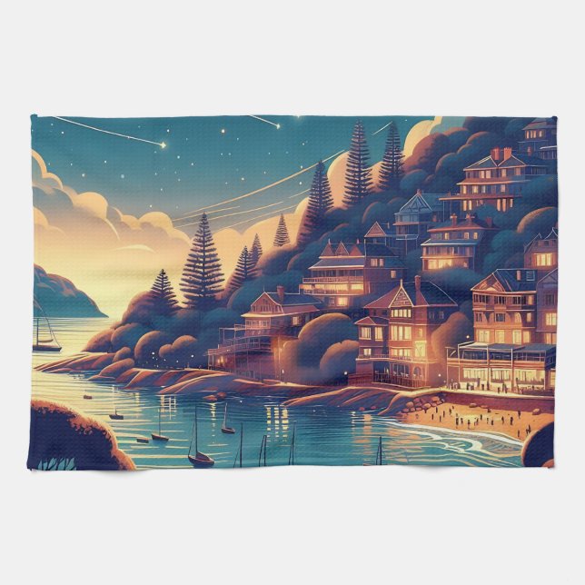 Dreamy Coastal Night Kökshandduk (Horisontell)