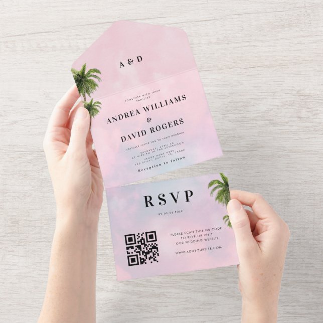 Dreamy Cotton Candy Rosa Tropical QR Code Bröllop (Tearaway)