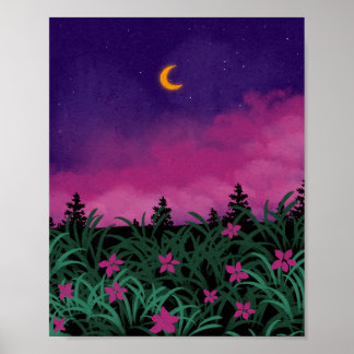 Dreamy Crescent Moon Night Landscape Poster