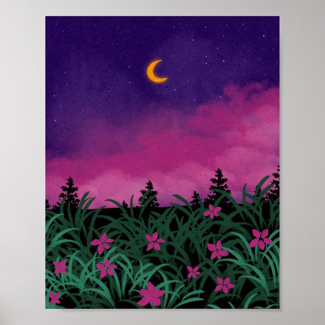 Dreamy Crescent Moon Night Landscape Poster (Framsidan)