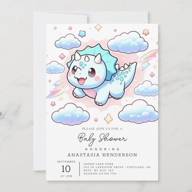 Dreamy Cute Dinosaur Baby Shower Inbjudningar (Framsida)