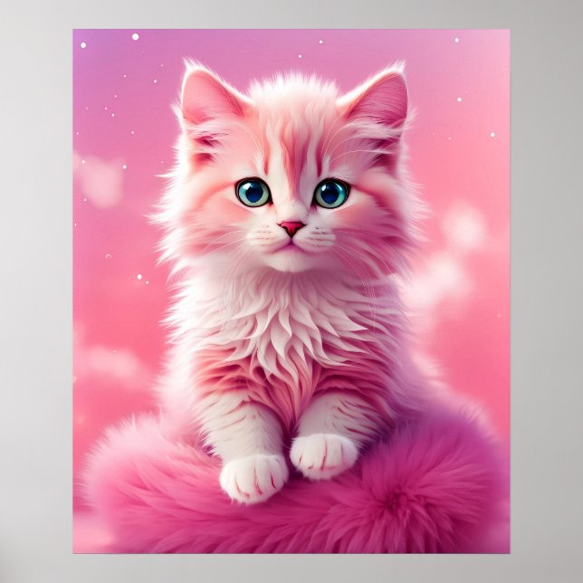 Dreamy Cute Fluffy Rosa Kattunge Poster (Framsidan)